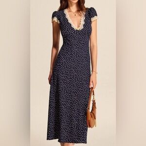 Commense Navy Polka Dot Maxi Dress with Cream Lace Trim Medium NWT